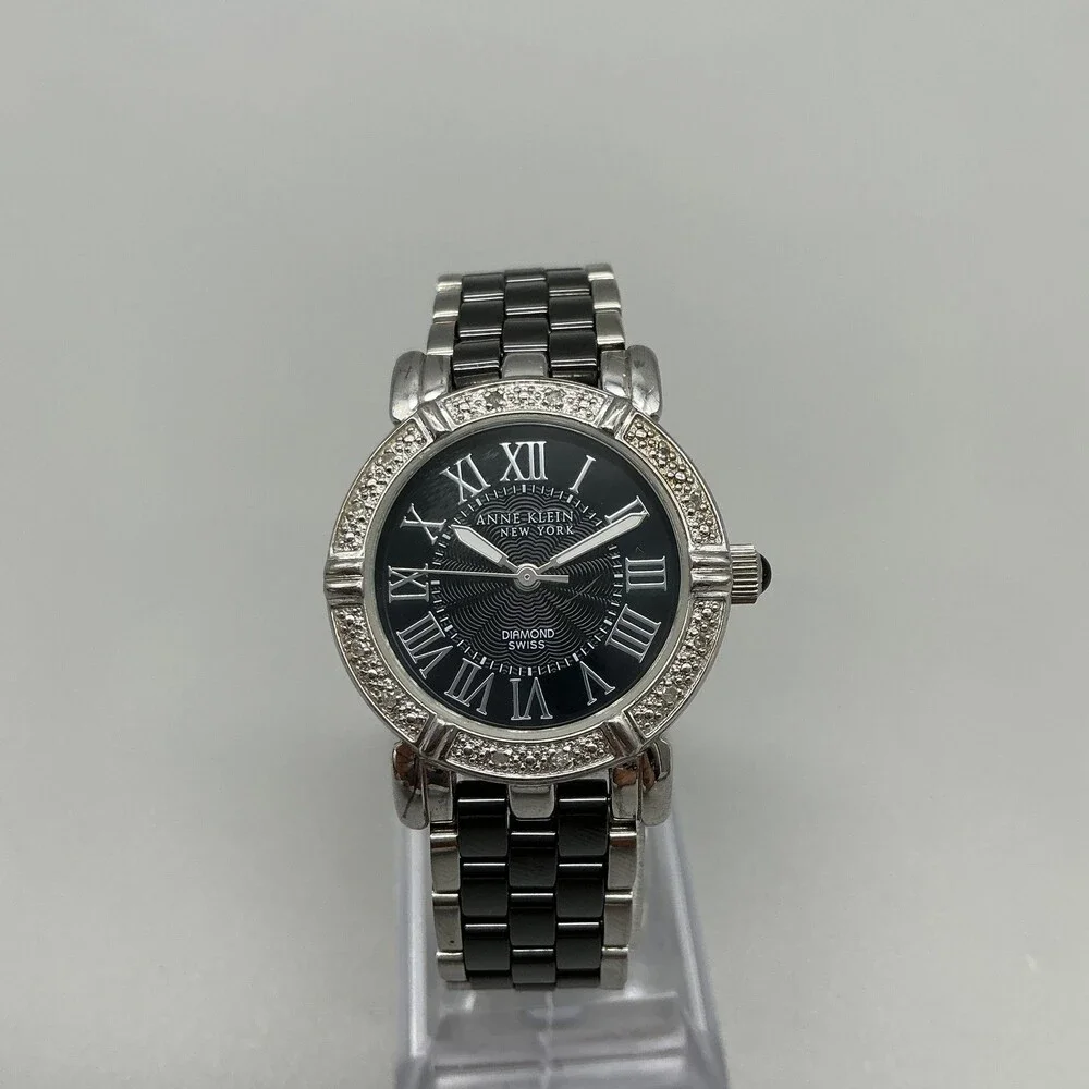 Anne Klein Womens Watch 30mm Black Dial Diamond Bezel Stainless New Battery 6.5